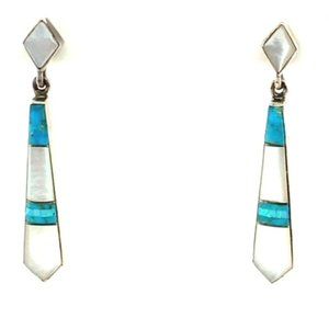 Sterling Silver Cathy Webster Navajo M.O.P., Turquoise & Opalite Dangle Earrings